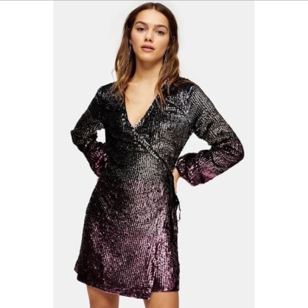 TOPSHOP Ombre Sequin Long Sleeve Wrap Minidress 8